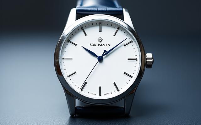 即自然 手巻き時計の正面、シンプルな白い文字盤と青い針